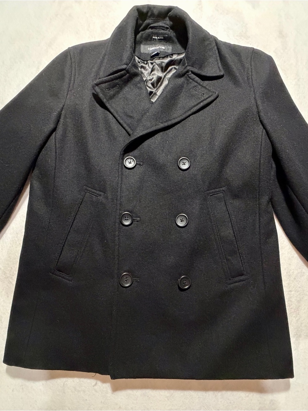 Claiborne Men's Black Wool Blend Double Breasted Pea Coat Jacket Size M Medium